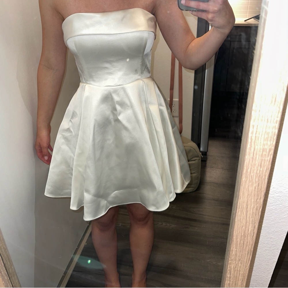 Meshki white mini dress bridal strapless satin